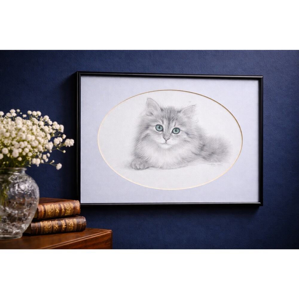 Framed Art Kitten Cat Charcoal Drawing Print Matted Signed V Miller 11x14” VTG